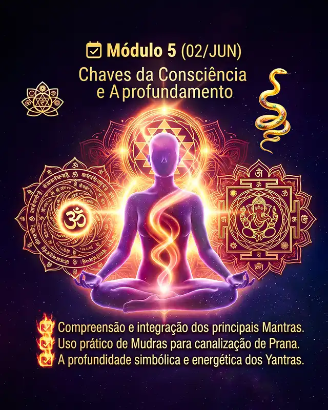 Figura luminosa meditando cercada por yantras dourados, símbolo Om e Ganesha. Arte do Módulo 5: Chaves da Consciência.