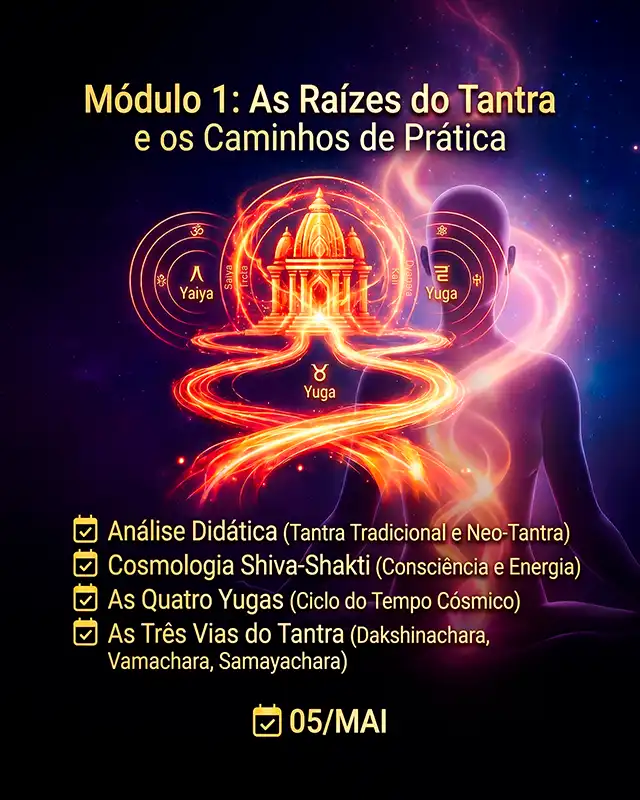 Gráfico digital dourado e burgundy de um templo e um caminho, com lista de tópicos sobre Cosmologia, Yugas, Vias e distinção entre Tantra Tradicional e Neo-Tantra