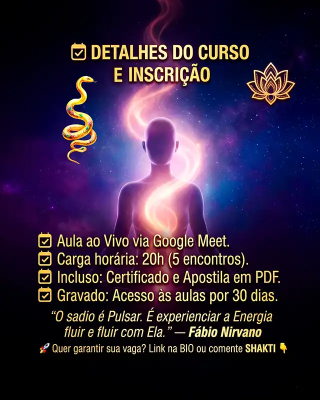 Figura luminosa meditando com serpente dourada, ilustrando os detalhes de inscrição e o formato do curso online.