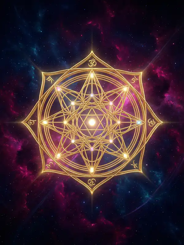 Yantra dourado com geometria sagrada sobre fundo cósmico em magenta e azul, simbolizando a estrutura da consciência.