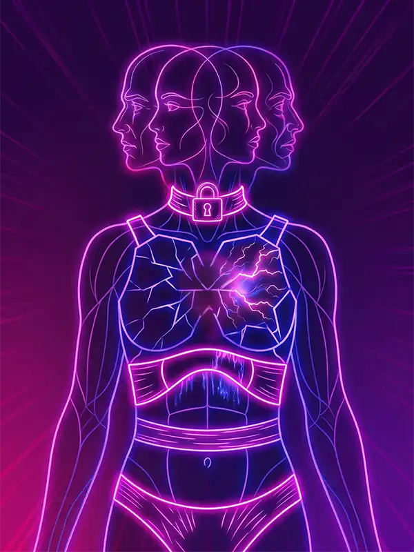 Ilustração neon de figura humana com armadura de tensão quebrada no corpo, mostrando energia emocional reprimida.
